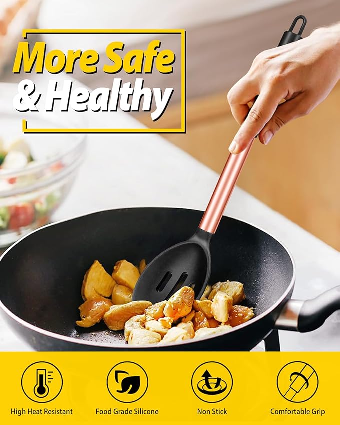 Pack of 2 Large Silicone Cooking Spoons,Non Stick Solid Basting Spoon,Heat-Resistant Kitchen Utensils for Mixing,Serving,Draining,Stirring (ROSE GOLD BLACK)-Ruum Studio Home