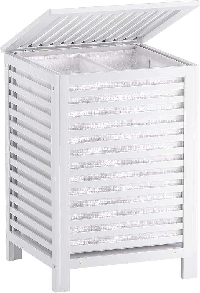 SMIBUY Double Laundry Hamper with Lid, 120L Bamboo Laundry Basket with Removable Liner Bag, 2-Section Clothes Divider Laundry Sorter for Laundry Room, Bathroom, Bedroom (White)-Ruum Studio Home