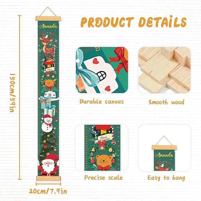 Personalized Name Growth Chart Wall Decor for Kids – Canvas Removable Height Chart Measuring Ruler 59" x 7.9" (Christmas Deer)-Ruum Studio Home