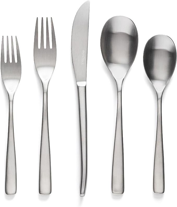 over&back 20pc Curved Flatware Cutlery Set - Comes with 4 Dinner Forks, 4 Salad Forks, 4 Dinner Knives, 4 Dinner Spoons, and 4 Teaspoons - 18/8 Stainless Steel - Dishwasher-Safe - Brushed Stainless-Ruum Studio Home
