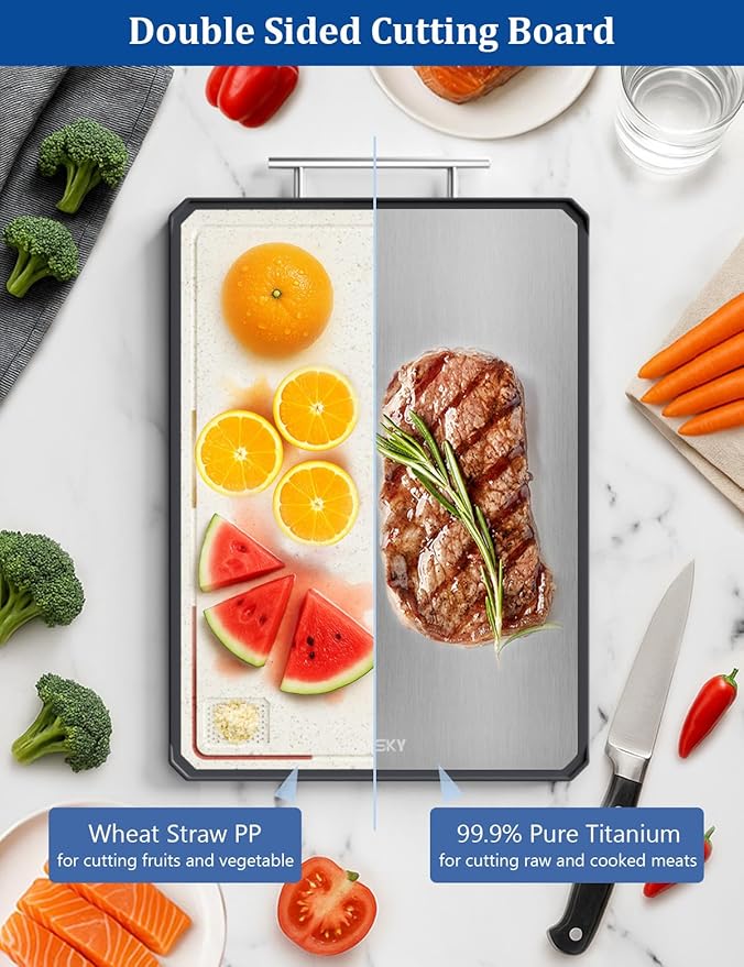 Titanium Cutting Boards for Kitchen, 2 in 1 Titanium Cutting Boards with JUICE GROOVE, Metal Chopping Board for Meat/Vegetables, Pure Titanium&Wheat Straw PP, Food-Grade, Dishwasher Safe16.3”×11”-1 PC-Ruum Studio Home