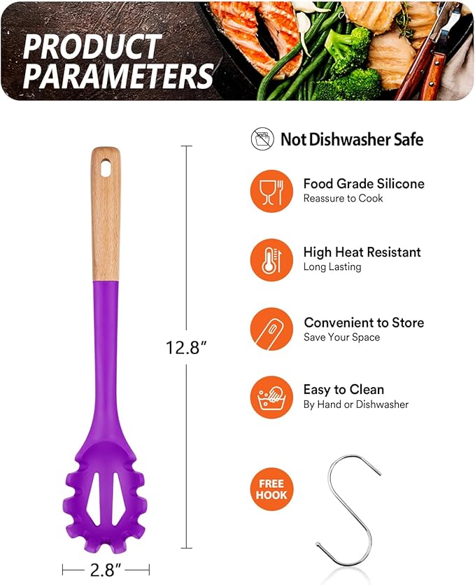 Silicone Pasta Fork, Kitchen Heat Resistant Noodle Spoon Server, BPA Free Spaghetti Strainer,12.8 inch (BERRY)-Ruum Studio Home