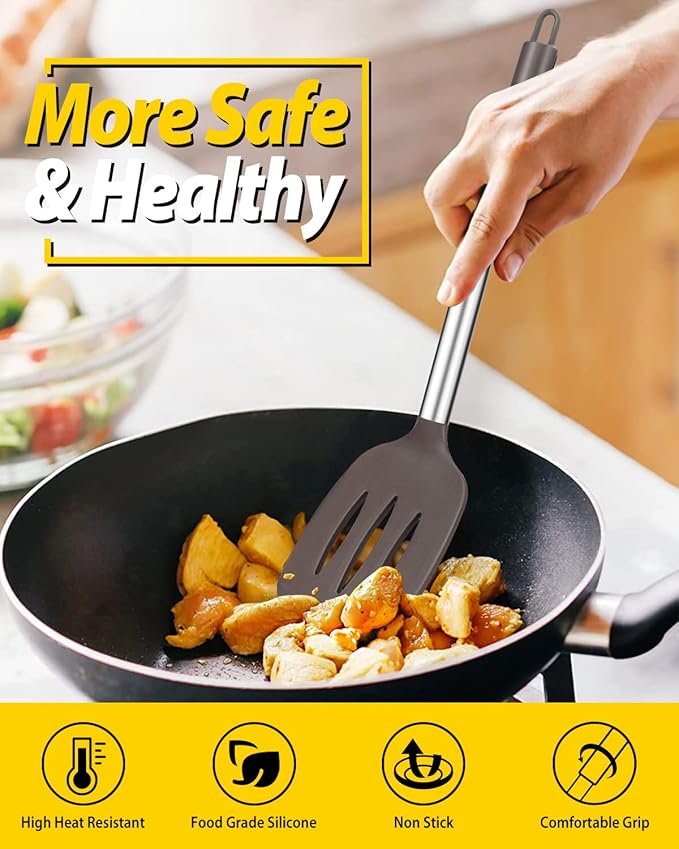 Pack of 2 Silicone Solid Turner, Non Stick Slotted Kitchen Spatulas, High Heat Resistant BPA Free Cooking Utensils, Ideal Cookware for Fish, Eggs, Pancakes(Chocolate)-Ruum Studio Home