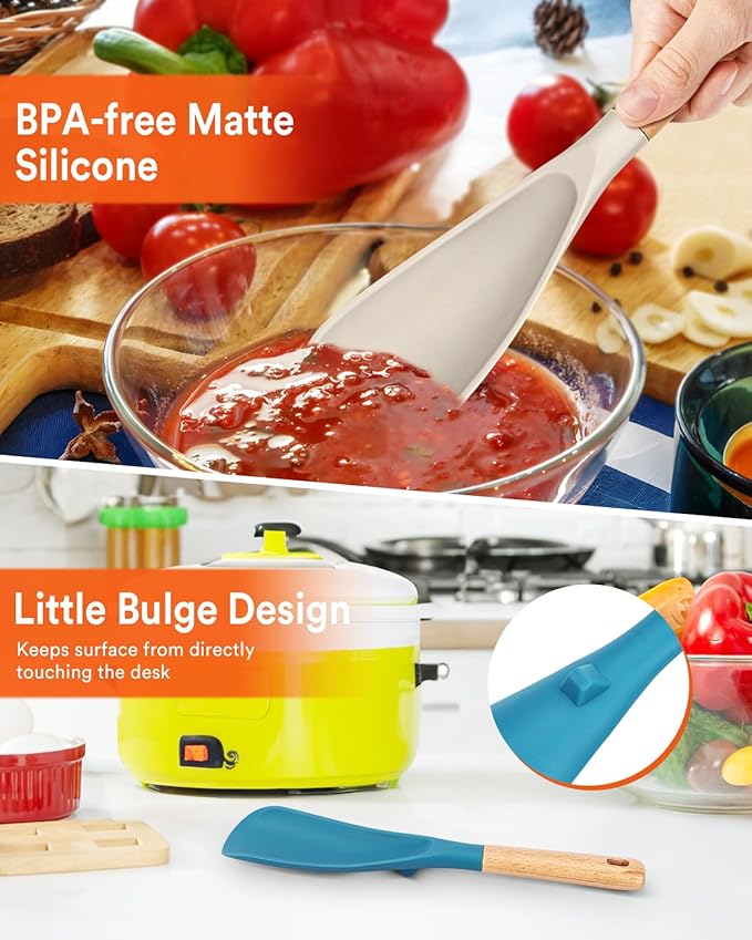 Cooking Spoon for Nonstick Cookwares, Great for Cooking and Serving Sturdy BPA-Free Matte Silicone, Wood Handle Spoon for Mixing, Scoop, and Scrape (Khaki & Turquoise, 11.4 inch)-Ruum Studio Home