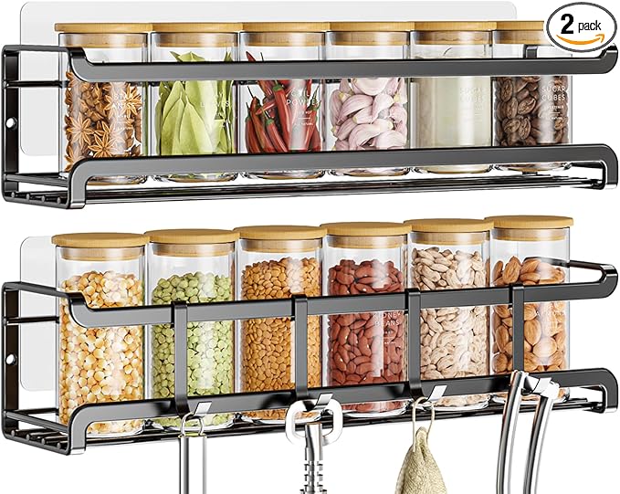 Spice Rack wall mounted 2 Pack, Space-Saving Spice Organizer for Spice Jars and Seasonings,Screw or Adhesive Hanging Spice Rack Organizer for Your Kitchen Cabinet,or Pantry Door-Ruum Studio Home
