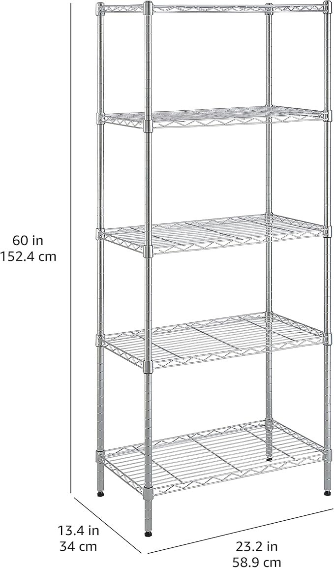 Amazon Basics 5-Shelf Adjustable, Storage Shelving Unit, (200 Pound Loading Capacity per Shelf), Steel Organizer Wire Rack, 23.2 x 13.4 x 60 inches (LxWxH), Chrome-Ruum Studio Home