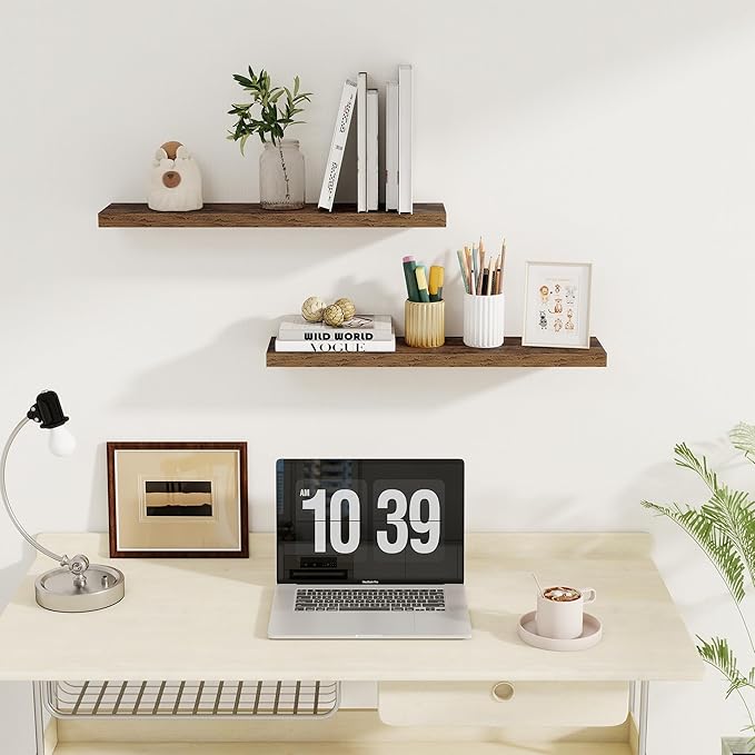 Fun Memories Floating Shelves for Wall, 27.5" Rustic Wood Deep Wall Mounted Shelves with Invisible Brackets for Decor & Storage, Floating Shelf for Living Room, Bathroom (Rustic Brown, Set of 2)-Ruum Studio Home