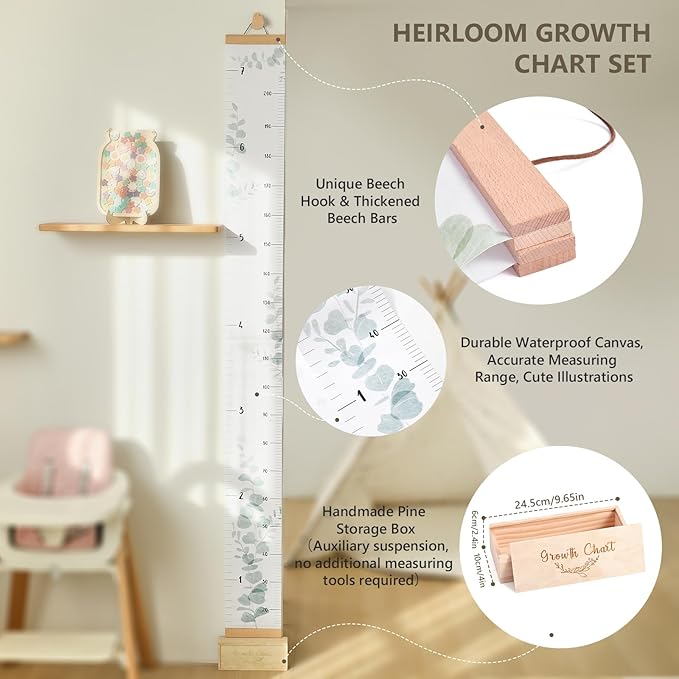 Growth Chart for Wall 7 Ft Height Chart with Keepsake Box & Hook Waterproof Canvas Measure Wall Ruler Removable Neutral Nursery Wall Decor for Baby Kids Toddlers-Ruum Studio Home