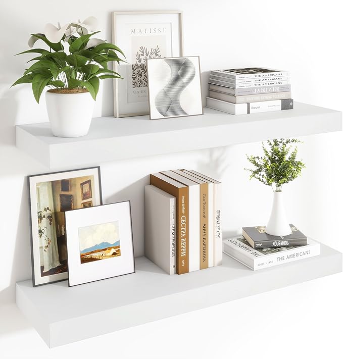 Heimlove 12 Inch Deep Floating Shelves, 48 x 12 inches Long Wall Shelf, Large Display Shelf & Storage Shelf, Rustic Wood Wall Shelves for Fireplace Mantel, Set of 2(White)-Ruum Studio Home