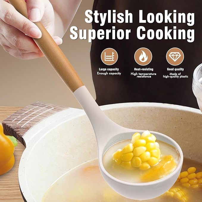 Silicone Cooking Utensils Set - Silicone Kitchen Utensils for Cooking Wooden Handles, 446°F Heat Resistant Kitchen Utensil Spatula Sets w Holder, Gadgets for Non-Stick Cookware BPA FREE (Khaki)-Ruum Studio Home