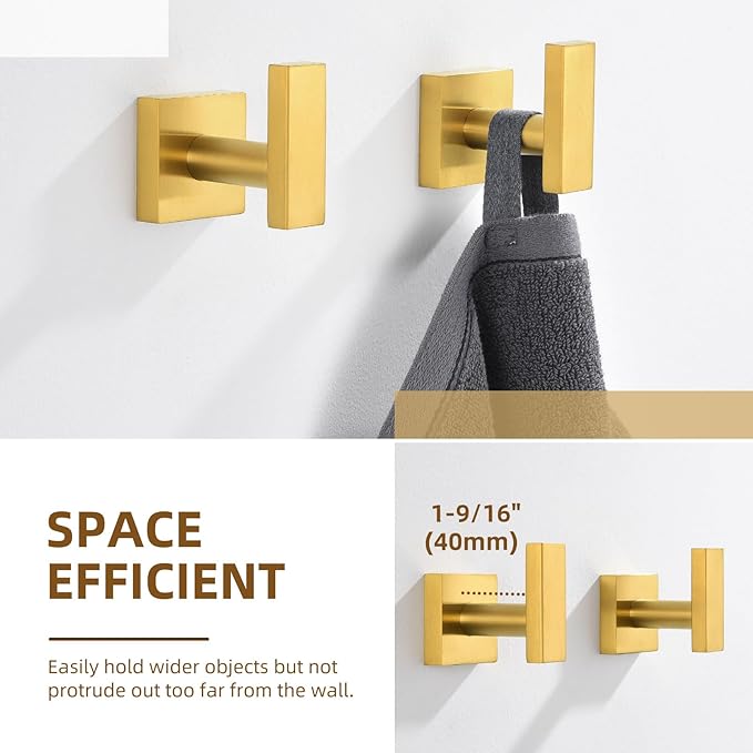Angle Simple Towel Hooks for Bathroom, SUS 304 Stainless Steel Square Robe Coat Wall Hooks, Hand Towel Holder, Brushed Gold, 2 Pack-Ruum Studio Home