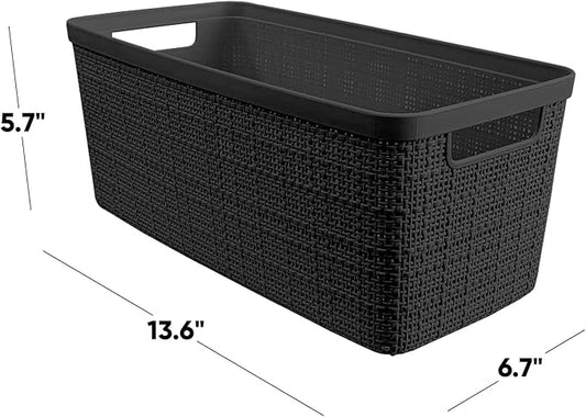 Curver Set of 8 Jute Slim Decorative Plastic Organization and Storage Baskets, Perfect Bins for Home Office, Closet Shelves, Kitchen Pantry and All Bedroom Essentials, Black-Ruum Studio Home