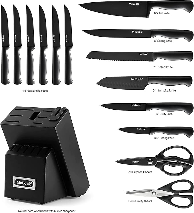 McCook® Knife Sets,German Stainless Steel Knife Block Sets with Built-in Sharpener, Black-Ruum Studio Home