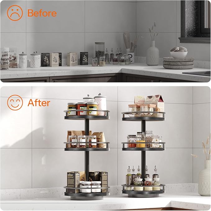 HOOBRO Lazy Susan Organizer, Rotating Spice Rack, 3-Tier Organizer, Turntable Spice Rack, Vertical Storage Organizer, for Kitchen Countertop, Vanity, Dining Table, Black BB09TL01-Ruum Studio Home