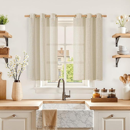LAMIT Short Linen Curtains 40 Inch Length for Kitchen, Semi Sheer Light Filtering Window Curtains Farmhouse Boho Bronze Grommet Panels for Cafe/RV Camper, Linen, 2 Panels, 34 x 40 Inch-Ruum Studio Home