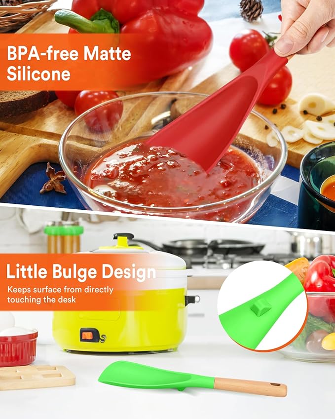 Cooking Spoon for Nonstick Cookwares, Great for Cooking and Serving Sturdy BPA-Free Matte Silicone, Wood Handle Spoon for Mixing, Scoop, and Scrape (AGR, 11.4 inch)-Ruum Studio Home