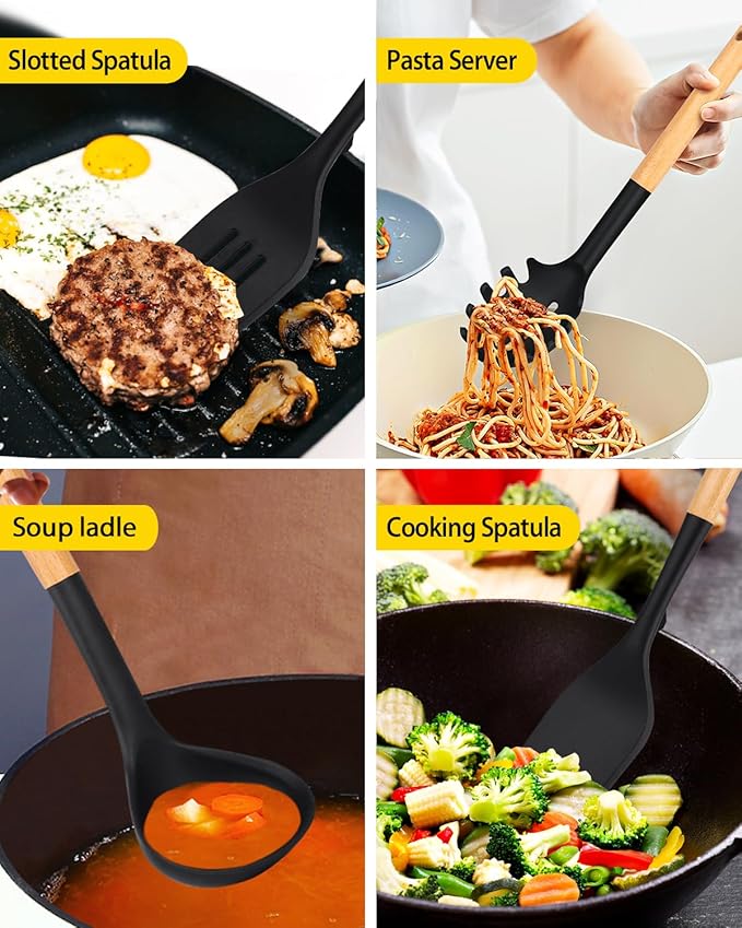 Silicone Kitchen Utensil Set for Non Stick Cookware, 7 Pcs Heat Resistant Cooking Utensils with Wooden Handle, BPA Free Kitchen Tools with Spatulas, Spoons, Skimmer and Pasta Fork (BLACK)-Ruum Studio Home