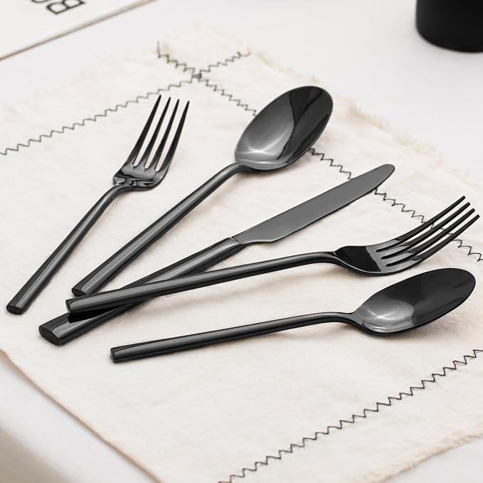 KINGSTONE Black Silverware Set, 40-Piece Forged Flatware Set Cutlery Set Premium Stainless Steel, Service for 8, for Kitchen, Home, Wedding, Party, Mirror Polished and Dishwasher Safe-Ruum Studio Home