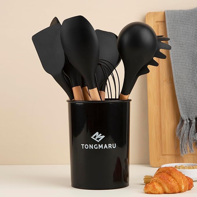Silicone Cooking Utensils Set, Premium Beech Wood Handle Kitchen Gadgets Utensil Set, Non-Stick Kitchen Utensils Spatula, Tongs, Turner, Whisk, Brush, Spoon, BPA FREE, 446°F Resistant (Black)-Ruum Studio Home