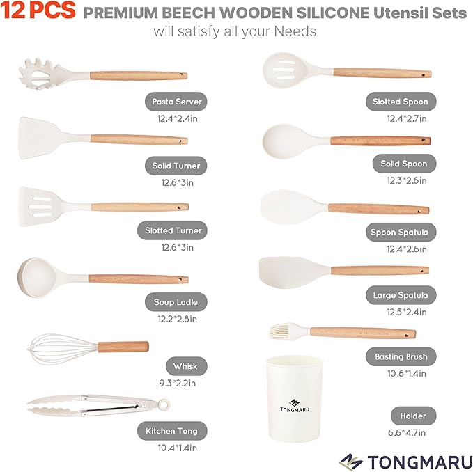Silicone Cooking Utensils Set, Premium Beech Wood Handle Kitchen Gadgets Utensil Set, Non-Stick Kitchen Utensils Spatula, Tongs, Turner, Whisk, Brush, Spoon, BPA FREE, 446°F Resistant (White)-Ruum Studio Home