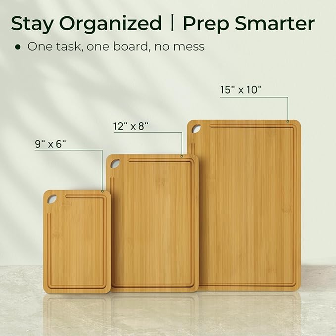Wood Cutting Board for Kitchen - Reversible Bamboo Cutting Boards Gift Set of 3 with Juice Groove, Wooden Chopping Board for Meat, Fruit, Vegetables & Cheese (Pre Oiled, Natural)-Ruum Studio Home