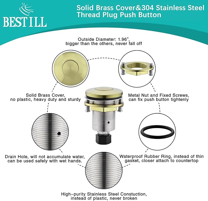 BESTILL Garbage Disposal Air Switch Kit - UL Listed, Brass 2.95" Short Sink Top On/Off Switch Button for Food Waste Disposer, Brushed Gold, Compatible with all Garbage Disposals-Ruum Studio Home