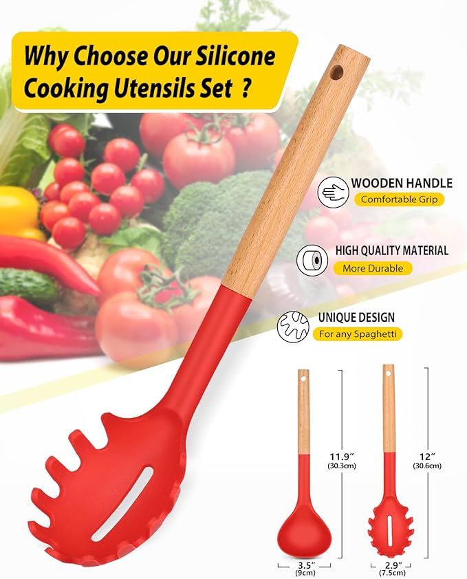 Silicone Pasta Fork and Ladle Spoon Set with Wooden Handle, Heat Resistant Non Stick Kitchen Utensils for Cooking, Stirring, Serving Spaghetti, Soup, Sauce(RED)-Ruum Studio Home