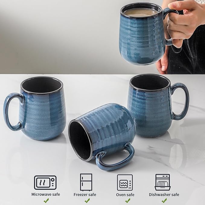 Hasense Coffee Mug Set of 4, 12 Ounce Ceramic Coffee Cups with Handle, Large Mug Set for Coffee, Tea, Chocolate, Modern Mug Gift for Men and women, Dishwasher & Microwave Safe(Blue)-Ruum Studio Home