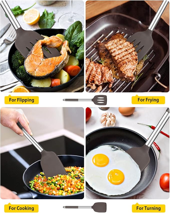 Pack of 2 Silicone Solid Turner, Non Stick Slotted Kitchen Spatulas, High Heat Resistant BPA Free Cooking Utensils, Ideal Cookware for Fish, Eggs, Pancakes(Chocolate)-Ruum Studio Home