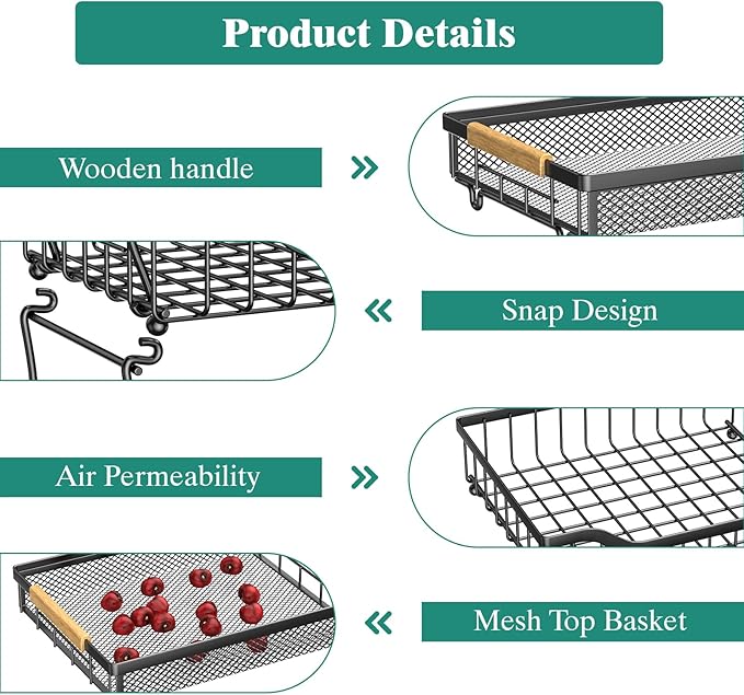 Giwil 3 Tier Countertop Fruit Mesh Basket for Kitchen, Vegetable Storage Bread Fruit Bowl Stand with 2 Banana Hooks, Wall Mounted Metal Wire Basket Organizer for Potato Onion, Black-Ruum Studio Home