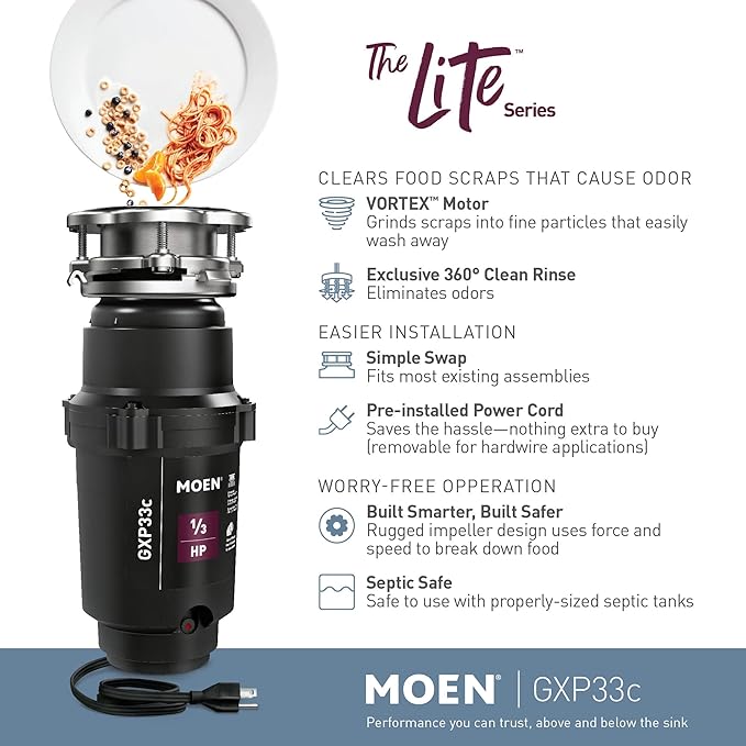 Moen Lite Series PRO Compact Continuous Feed Garbage Disposal for Kitchen Sink with Power Cord, GXP33C-Ruum Studio Home