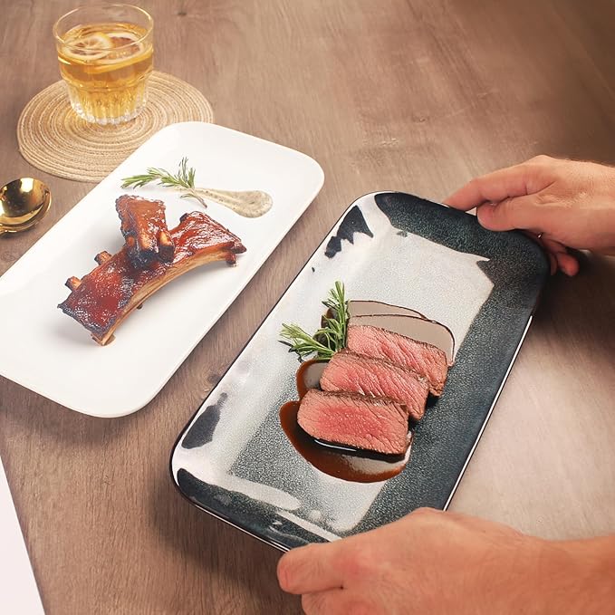 Serving Platters Set of 4, Rectangular Serving Plates, Serving Trays for Entertaining Party, Microwave,Oven,Dishwasher Safe,Kitchen Dinnerware, Blue reactive glaze 12.7 Inch-Ruum Studio Home