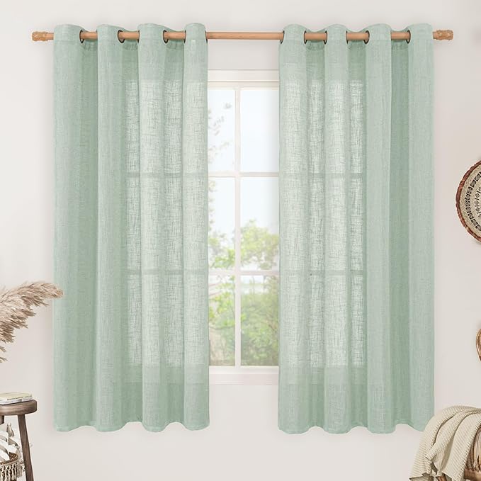 LAMIT Sheer Linen Curtains 63 inches Long for Bedroom, Bronze Grommet Linen Drapes Light Filtering Semi Sheer Curtains for Small Window/Farmhouse, 2 Panels (52 x 63 Inch, Light Sage)-Ruum Studio Home