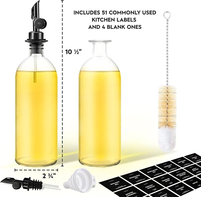Olive Oil Dispenser Bottle - Includes 55 Kitchen Essential Labels - Cooking Oil Bottles for Kitchen, Coffee Syrup Dispenser - Pourer Spout with 16.9 fl oz Glass Container Cruet - 2pcs, Black-Ruum Studio Home