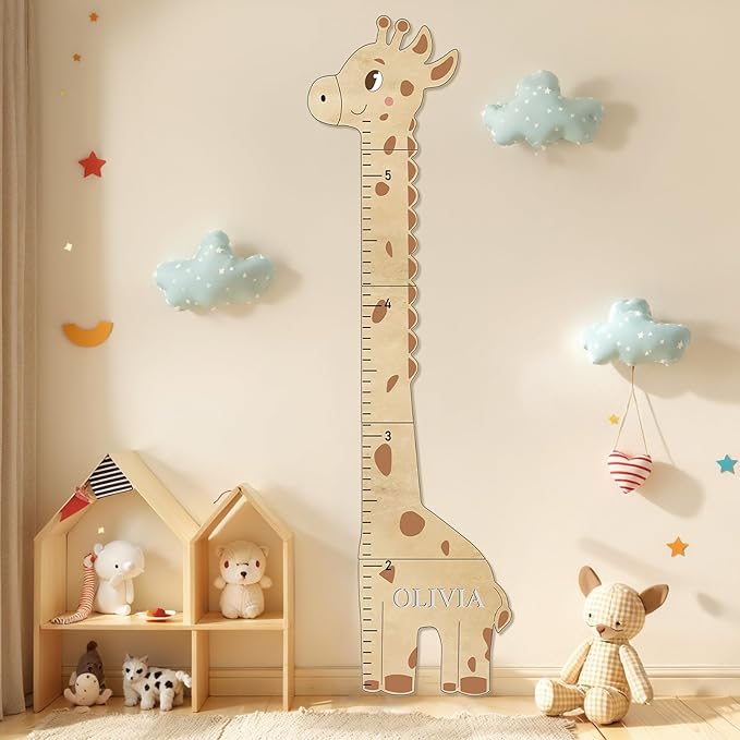 Personalized Name Kids Growth Chart for Wall, Cute Giraffe Wooden Growth Chart Kids Height Chart, Wall Measurement for Kids, Height Chart for Wall, Growth Ruler for Children-Ruum Studio Home