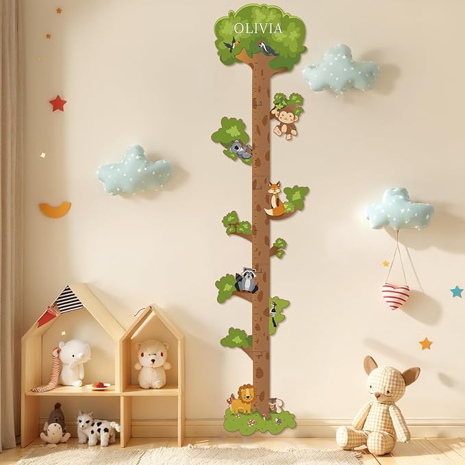 Wooden Surfboard Wall Decor Growth Chart,Tree Art Decor for Kids Room, Wood Tree Kids Sizing Chart, Height Board Cute Decor, Nursery Growth Chart Ruler Measuring Board for Boys Girls-Ruum Studio Home