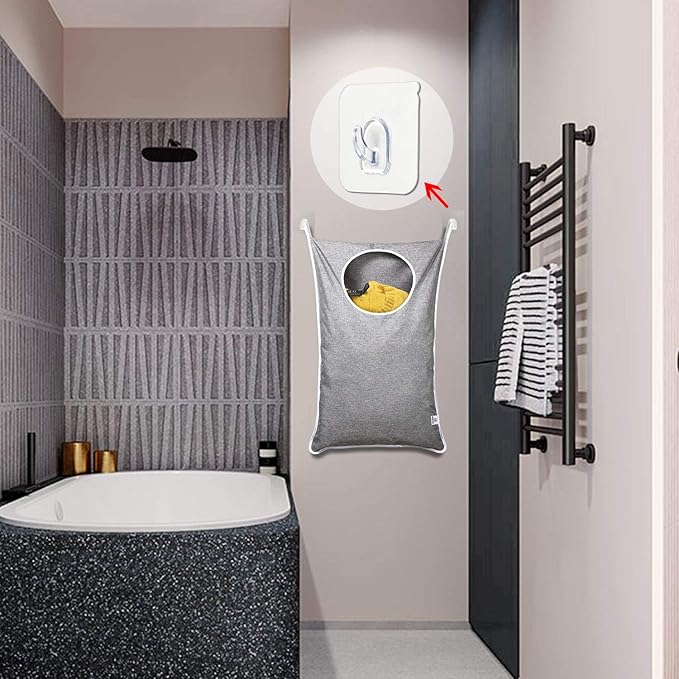 KEEPJOY Hanging Laundry Hamper Bag with Free Adjustable Stainless Steel Door 2 PCs Suction Cup Hooks, Best Choice for Holding Dirty Clothes and Saving Space, Grey-Ruum Studio Home