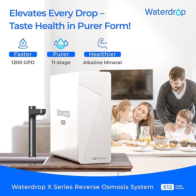 Waterdrop X12-Alkaline Mineral pH+ Tankless Reverse Osmosis System, NSF/ANSI 42&58&372 Certified, 1200 GPD RO Water Filter System, 11-Stage Filtration, 3:1 Pure to Drain, UnderSink, Black Faucet-Ruum Studio Home