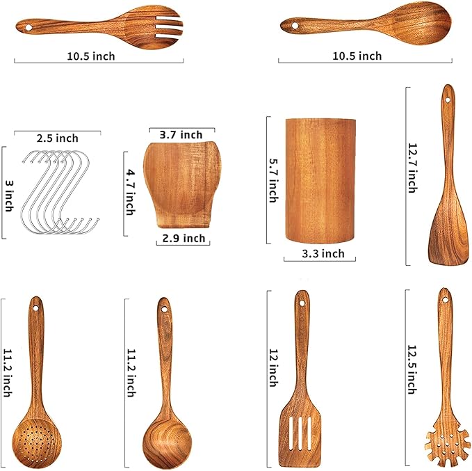 Teak Wooden Spoons for Cooking - 9 Pcs Comfort Grip Kitchen Utensil Set with Holder & Rest-Ruum Studio Home