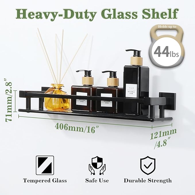 Alise Bathroom Glass Shelf with Stainless Steel Railing, Matte Black Small Tempered Glass Floating Wall Shelf Over The Toilet, 16 inch-Ruum Studio Home