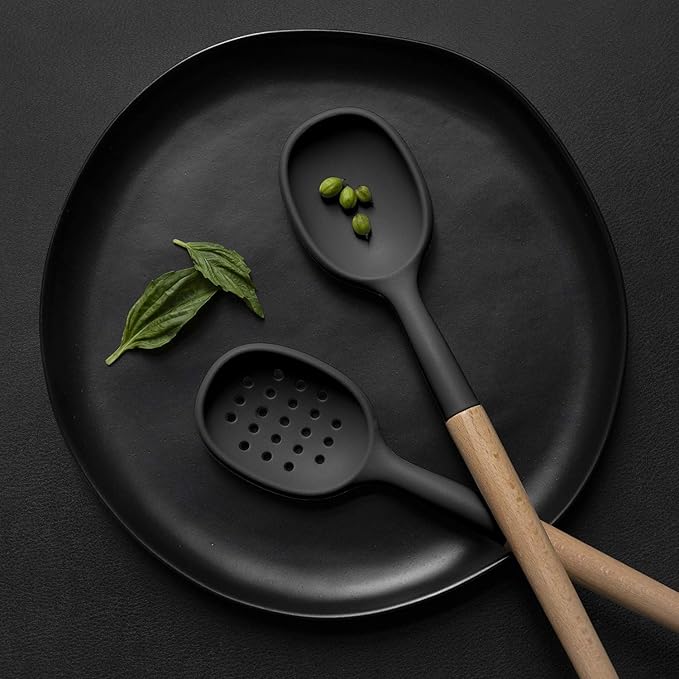 Country Kitchen Non Stick Silicone Utensil Set with Rounded Wood Handles for Cooking and Baking, 6 Piece Set, Black-Ruum Studio Home