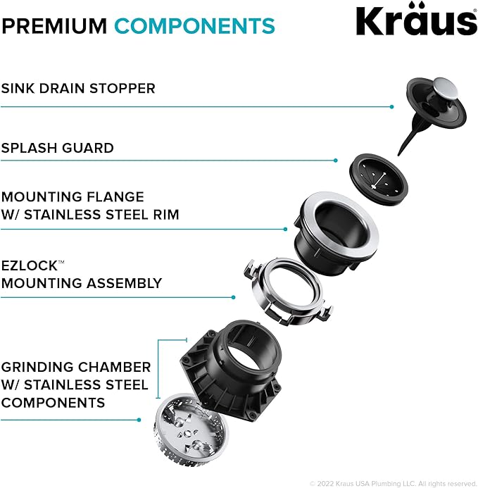 KRAUS WasteGuard 1 HP Ultra-Quiet Garbage Disposal with Quick Connect, Kitchen Sink Drain Cover, Power Cord and Flange Included, KWD100-100MBL-Ruum Studio Home