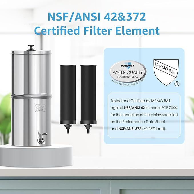 AQUA CREST Gravity Water Filter System, NSF/ANSI 42&372 Certified Black Carbon Filters, Reduce Lead and Up to 99% Chlorine, 2.25G, for Home, Camping, RVing, Off-Grid, Emergencies, AQ-TN-A-Ruum Studio Home
