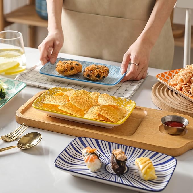 Selamica Ceramic Rectangular Salad Plates Set of 4, Small Serving Plates for Appetizers, Sushi, Fruit, Assorted Colors-Ruum Studio Home