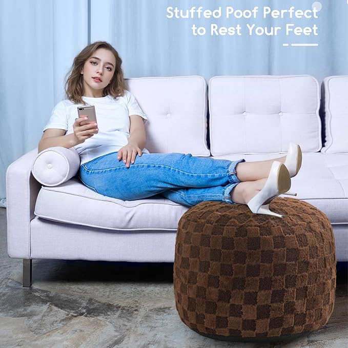 HIGOGOGO Round Stuffed Pouf Ottoman, Plaid Poufs with Foam Chunk Filling, Fluffy and Furry Pouf Foot Stool Storage Ottoman, 26 X 18 Floor Poufs Foot Rest for Living Room, Coffee-Ruum Studio Home