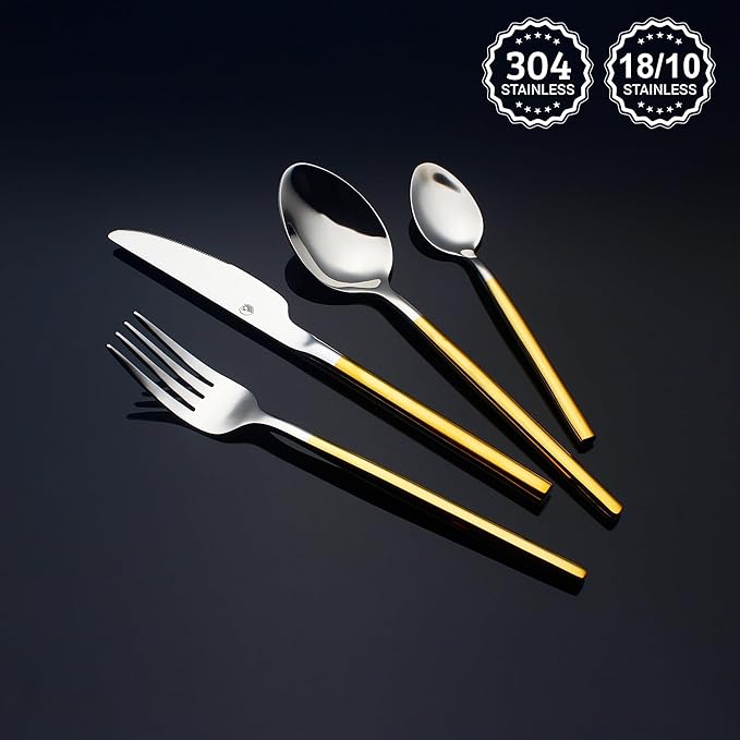 24 Piece Silverware Set For 6 Gold Handle Heavy duty 18/10 Stainless Steel Flatware Set Modern Design Knife/Fork/Spoon Mirror Polished Dishwasher Safe Cutlery Set with Gifts-Ruum Studio Home