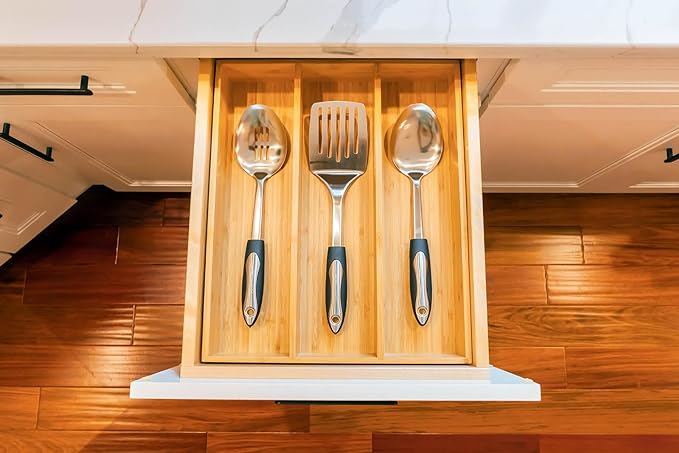 Umilife Bamboo Kitchen Utensils Organizer, 13 Inch Drawer Dividers for Silverware, Extra Deep Holder, with Non-Slip Feet, Wood Caddy for Flatware Cutlery-Ruum Studio Home