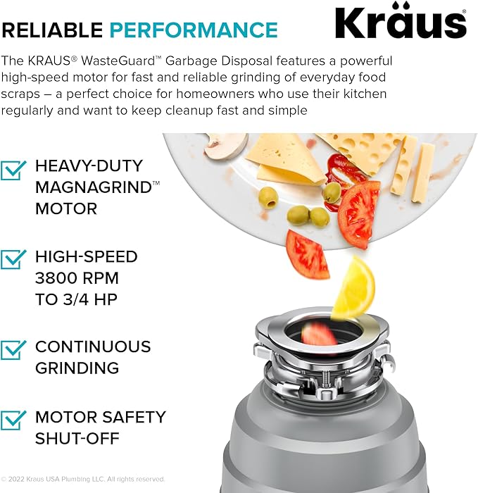 KRAUS WasteGuard High-Speed 3/4 HP Continuous Feed Ultra-Quiet Motor Garbage Disposal with Power Cord and Flange Included and Universal Mount, KWD210-75MGR-Ruum Studio Home