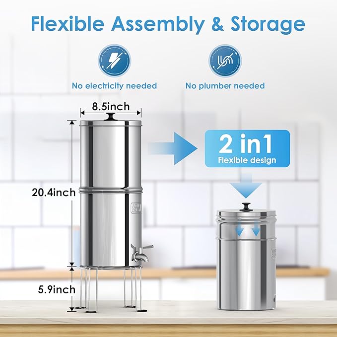 AQUA CREST Gravity Water Filter System, 304 Stainless Steel Countertop System with 4 Filters and Anti-Slip Stand, Reduce Fluoride and Chlorine, 2.25G, for Home, Camping, RVing, Off-Grid, Emergencies-Ruum Studio Home