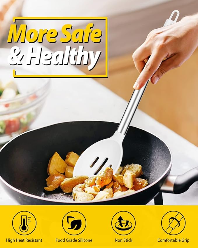 Pack of 2 Large Silicone Cooking Spoons,Non Stick Solid Basting Spoon,Heat-Resistant Kitchen Utensils for Mixing,Serving,Draining,Stirring (WHITE)-Ruum Studio Home